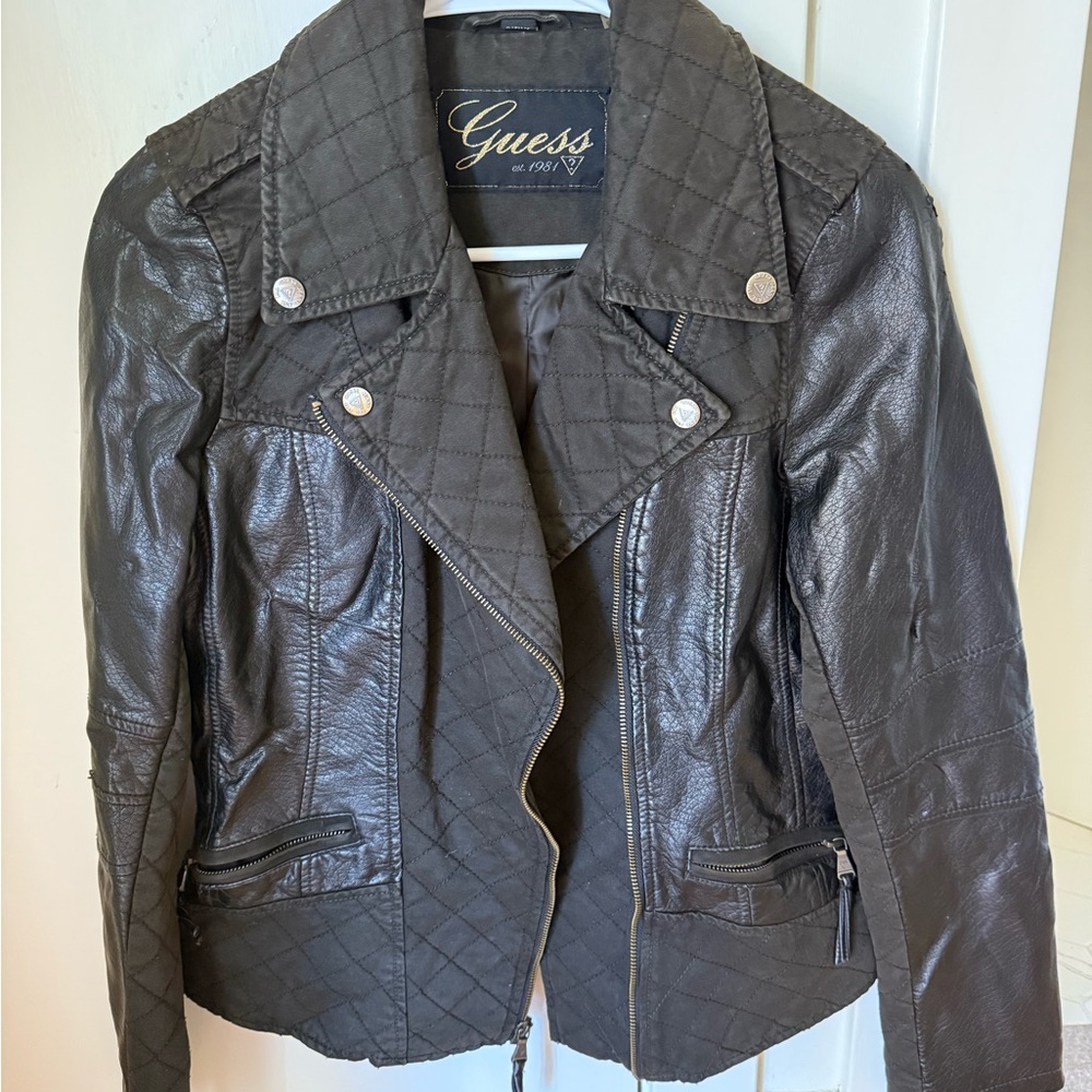 Guess Women's Dark Leather Biker Jacket